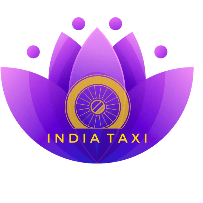 Lotus flower with car wheel and car symbol representing IndiaTaxi, a travel service.