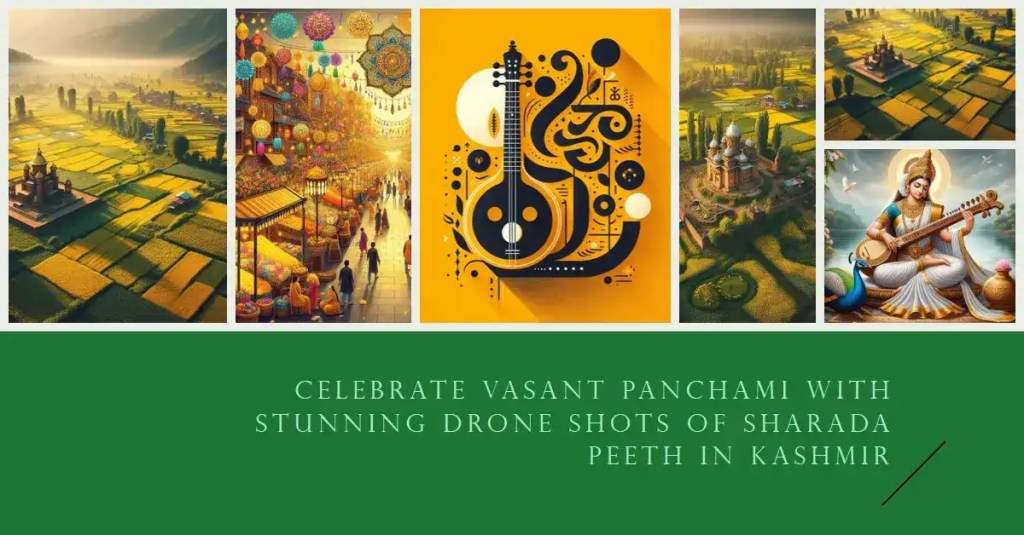 Sharada Maa Saraswati, goddess of knowledge, playing the veena beside a lake on Vasant Panchami, with a peacock.