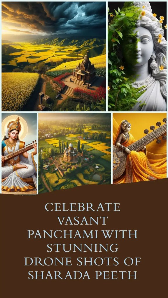 Sharada Peeth temple during Vasant Panchami, surrounded by yellow mustard fields and lush greenery.